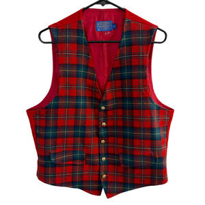 Vtg Pendleton Wool Vest Mens 44 Red Tartan Scottish Plaid Goldtone Buttons